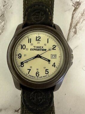 Timex Expedition Camper Watch Mens Cream Dial Brown Green Band New Battery